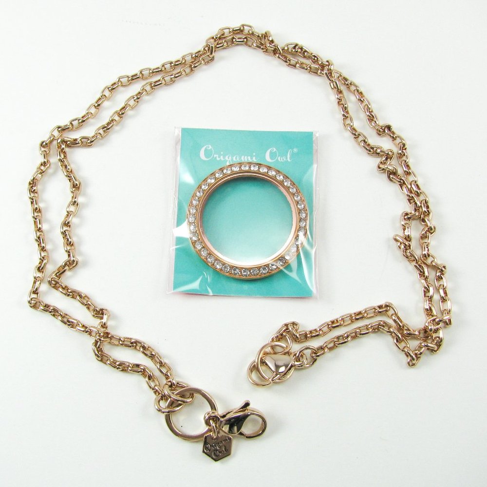Origami Owl Rose Gold Crystal Locket Face & Chain